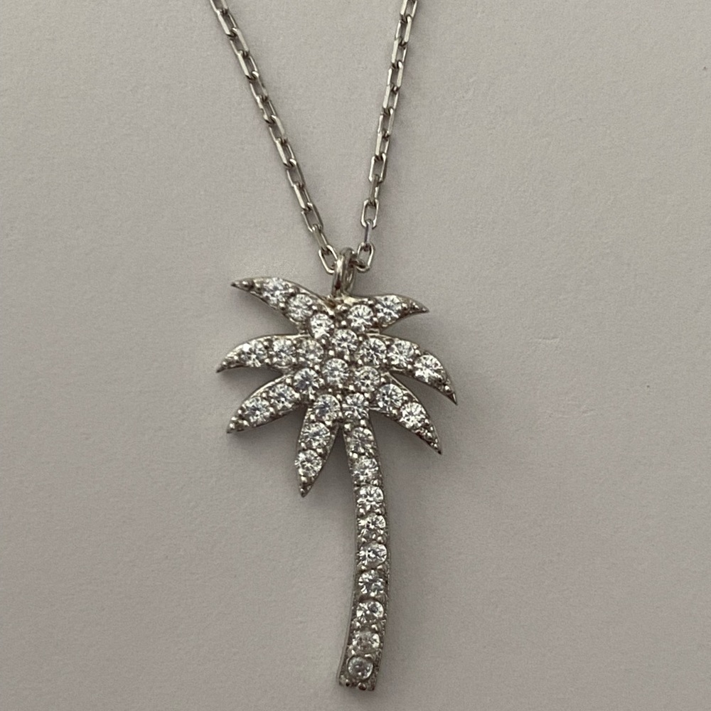 🌴925 Silver palm tree necklace clear cubic zirconia cz stones in free gift box